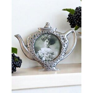 Victorian Teapot Picture Frame Vintage Linco Pewter-tone 3 x3 inch photo1996 EUC